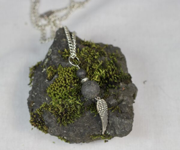 Lava stone necklace with silver-coloured wing charm - Image 4