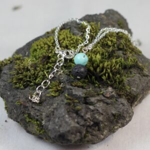 Lava & blue turquoise agate gem stone necklace with silver coloured chain