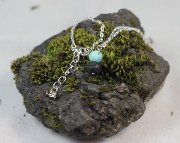 Lava & blue turquoise agate gem stone necklace with silver coloured chain